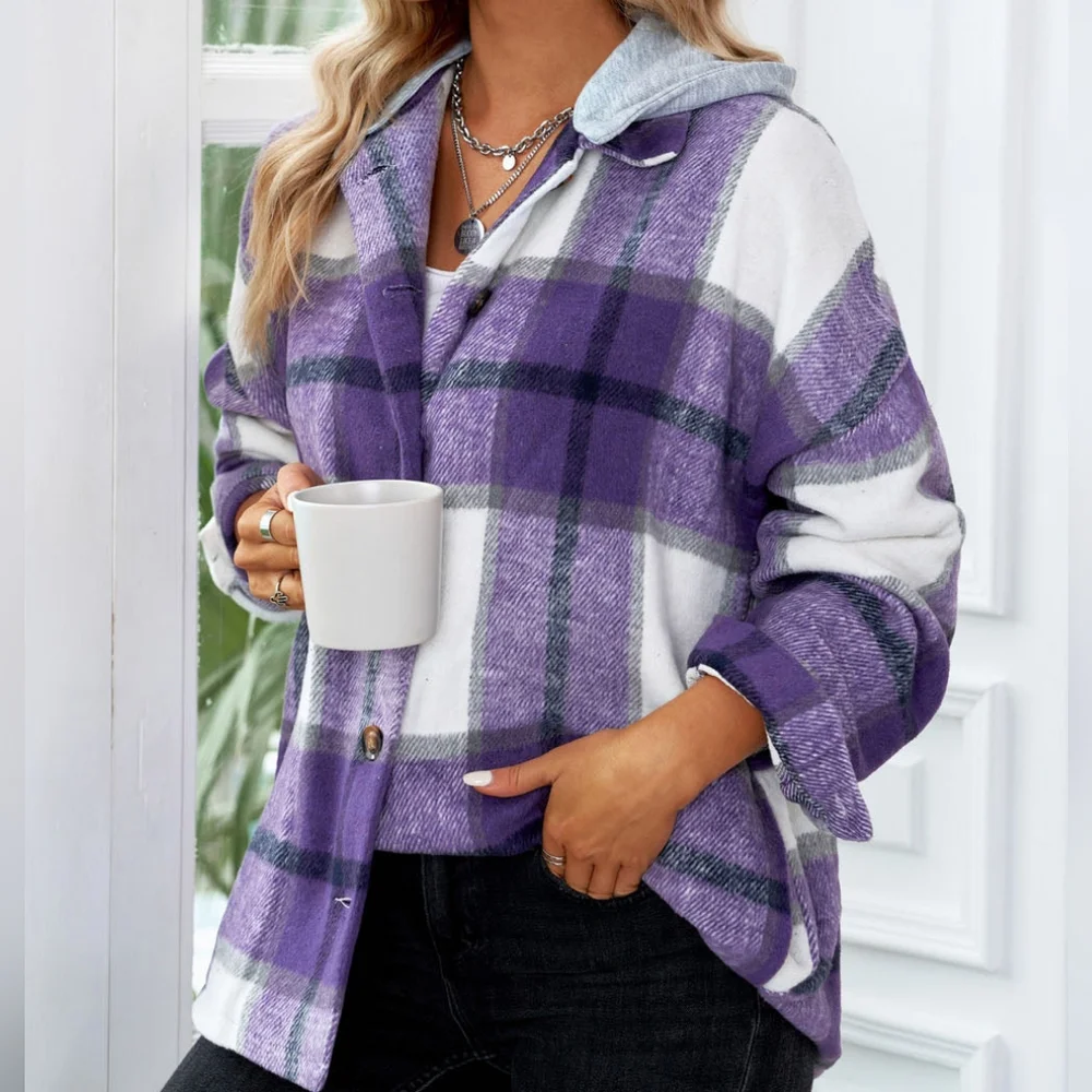 Highland Plaid Button-Up Jacket - Purple - Picture 4 of 5